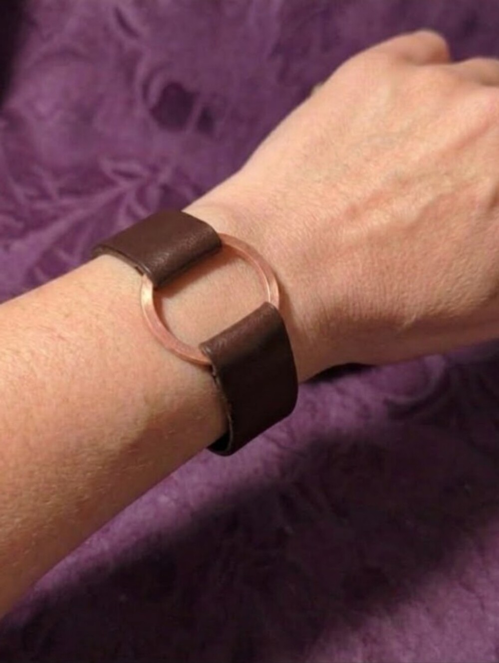 Handmade Genuine Leather Copper Karma Circle Bracelet Brown